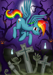 Size: 2480x3508 | Tagged: safe, rainbow dash, pegasus, pony, g4, cross, female, gravestone, halloween, halloween 2020, high res, holiday, moon, night, solo, stars, tree