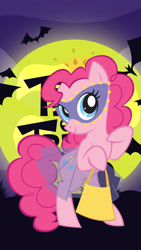 Size: 1080x1920 | Tagged: source needed, safe, pinkie pie, bat, pony, g4, bag, crown, female, halloween, holiday, jewelry, mare, mask, moon, night, regalia, smiling, solo, stock vector, trick or treat