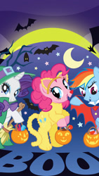 Size: 1080x1920 | Tagged: source needed, safe, pinkie pie, rainbow dash, rarity, bat, mouse, pony, unicorn, g4, candy, clothes, dress, female, food, halloween, holiday, mare, moon, night, pumpkin, stars, stock vector, witch