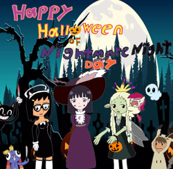 Size: 2543x2478 | Tagged: safe, roseluck, g4, bendy and the ink machine, bob's burgers, cartoon cat, catghost, clothes, costume, crossover, deet, gelfling, halloween, halloween costume, high res, holiday, hortaru tomoe, hup, mrs. cuddles, naarah, nightmare night, podling, rise of the teenage mutant ninja turtles, sailor moon (series), star vs the forces of evil, teenage mutant ninja turtles, the dark crystal, the dark crystal: age of resistance, tina belcher, trevor henderson