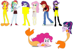Size: 2508x1672 | Tagged: safe, edit, applejack, fluttershy, pinkie pie, rainbow dash, rarity, sci-twi, starlight glimmer, sunset shimmer, twilight sparkle, mermaid, equestria girls, g4, 1000 hours in ms paint, chloé bourgeois, humane five, humane seven, humane six, mermaidized, miraculous ladybug, queen bee (miraculous ladybug), simple background, species swap, transparent background, voice actor joke