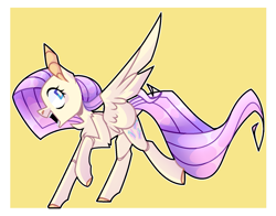 Size: 1697x1331 | Tagged: safe, artist:chillout, fluttershy, pegasus, pony, g4, alternate hairstyle, chest fluff, cute, female, mare, open mouth, raised hoof, raised leg, shyabetes, simple background, solo, trotting, yellow background