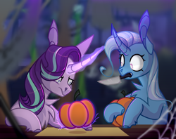 Size: 1431x1135 | Tagged: safe, artist:chillout, starlight glimmer, trixie, pony, unicorn, g4, chest fluff, curved horn, duo, female, glowing horn, halloween, holiday, horn, knife, levitation, magic, mare, mouth hold, paper, pumpkin, pumpkin carving, raised hoof, table, telekinesis