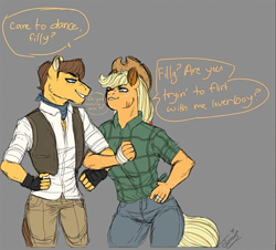 Size: 738x668 | Tagged: safe, artist:theartfox2468, edit, applejack, caramel, earth pony, anthro, g4, applejack's hat, arm freckles, arm in arm, ascot, bandage, clothes, cowboy hat, cropped, dialogue, female, fingerless gloves, flirting, freckles, gloves, gray background, hat, jeans, looking at each other, male, mare, pants, plaid shirt, scar, ship:carajack, shipping, shirt, simple background, stallion, straight, vest