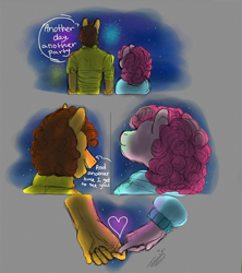 Size: 736x827 | Tagged: safe, artist:theartfox2468, edit, cheese sandwich, pinkie pie, earth pony, anthro, g4, clothes, comic, cropped, cute, dialogue, facing away, female, fireworks, floating heart, gray background, heart, hidden eyes, holding hands, male, mare, night, ship:cheesepie, shipping, shirt, simple background, stallion, stars, straight
