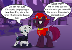 Size: 8253x5765 | Tagged: safe, artist:ejlightning007arts, fizzlepop berrytwist, tempest shadow, dalmatian, dog, pony, unicorn, series:sprglitemplight diary, series:sprglitemplight life jacket days, series:springshadowdrops diary, series:springshadowdrops life jacket days, g4, my little pony: the movie, armor, broken horn, clothes, confused, costume, costume swap, crossover, cute, eye scar, firefighter, horn, marshall (paw patrol), night, open mouth, paw patrol, ponyville, puppy, raised paw, scar, speech bubble
