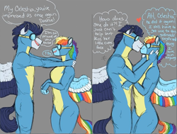 Size: 936x707 | Tagged: safe, artist:theartfox2468, edit, rainbow dash, soarin', pegasus, anthro, g4, blushing, breasts, clothes, colored wings, colored wingtips, comic, cropped, dialogue, female, floating heart, goggles, gray background, heart, height difference, kissing, male, mare, multicolored wings, rainbow wings, ship:soarindash, shipping, simple background, stallion, straight, thought bubble, uniform, wings, wonderbolts uniform