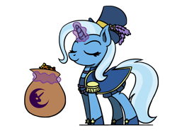 Size: 1800x1350 | Tagged: safe, artist:flutterluv, trixie, pony, unicorn, g4, candy bag, clothes, costume, magic, nightmare night costume, simple background, solo, telekinesis, transparent background