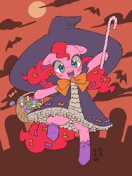 Size: 1200x1596 | Tagged: safe, artist:yanamosuda, pinkie pie, bat, earth pony, pony, g4, alternate hairstyle, basket, bipedal, blushing, bow, candy, candy cane, cute, diapinkes, female, food, full moon, hair bow, halloween, holiday, looking at you, mare, moon, night, open mouth, palindrome get, pigtails, sky, solo, witch