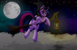 Size: 3296x2160 | Tagged: safe, artist:darbedarmoc, twilight sparkle, alicorn, pony, g4, blushing, broom, butt, candle, clothes, cloud, costume, dock, female, flying, flying broomstick, frog (hoof), halloween, hat, high res, holiday, hooves, horn, lamp, lantern, looking at you, looking back, looking back at you, mare, moon, multiple variants, night, plot, presenting, rear view, robe, sky, solo, spreading, stars, tail, tail aside, tongue out, twilight sparkle (alicorn), two toned mane, underhoof, wings, witch, witch costume, witch hat