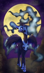 Size: 2336x3806 | Tagged: safe, artist:noupu, nightmare moon, alicorn, pony, g4, female, full moon, high res, mare, moon, night, solo, spread wings, wings