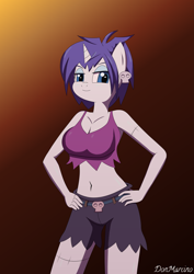 Size: 4961x7016 | Tagged: safe, artist:donmarcino, rarity, undead, unicorn, zombie, anthro, g4, alternate hairstyle, breasts, cleavage, clothes, cosplay, costume, ear piercing, earring, female, halloween, halloween costume, holiday, horn, jewelry, piercing, rottytops, shantae, shorts, simple background, skull, solo, tank top