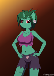 Size: 4961x7016 | Tagged: safe, alternate version, artist:donmarcino, undead, unicorn, zombie, anthro, breasts, cleavage, clothes, costume, ear piercing, earring, female, halloween, halloween costume, holiday, horn, jewelry, piercing, ponified, rottytops, shantae, shorts, simple background, skull, solo, tank top