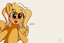 Size: 2500x1700 | Tagged: safe, artist:potato22, oc, oc only, oc:oulie mareota, pegasus, pony, blushing, dialogue, eye clipping through hair, eyebrows, eyebrows visible through hair, female, mare, open mouth, simple background, smiling, solo, spread wings, wah, white background, wings