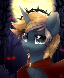 Size: 1498x1800 | Tagged: safe, artist:radioaxi, oc, oc only, oc:wooded bastion, pony, unicorn, background eyes, blonde hair, blonde mane, blue coat, bust, cape, clasp, cloak, clothes, creepy, crown of thorns, cyan coat, eye clipping through hair, eyebrows, eyebrows visible through hair, glowing eyes, halo, lidded eyes, male, moon, night, pin, portrait, smiling, solo, stallion, tree