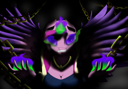 Size: 2927x2049 | Tagged: safe, alternate version, artist:kickassking, princess cadance, alicorn, anthro, g4, black background, breasts, chains, cleavage, corruptance, corrupted, corrupted cadance, dark magic, dark queen, evil cadance, female, glowing eyes, glowing horn, high res, horn, magic, mare, possessed, queen cadance, simple background, solo, sombra eyes, tyrant cadance