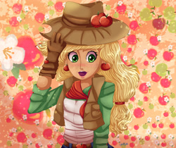 Size: 3445x2894 | Tagged: safe, artist:theladysknight, applejack, human, g4, alternate hairstyle, apple, applejack's hat, bandana, belt, blushing, clothes, cowboy hat, cowboy vest, cowgirl, denim skirt, ear piercing, earring, female, food, freckles, gloves, hat, high res, humanized, jewelry, open mouth, piercing, shirt, skirt, solo, stetson, vest