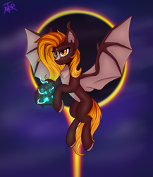 Size: 2600x3000 | Tagged: safe, artist:xanter, oc, oc only, oc:fire glow, bat pony, pony, bat wings, dark souls, eclipse, fangs, female, flying, high res, league of legends, mare, solar eclipse, solo, spread wings, sun, tail, wings
