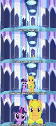 Size: 1920x4320 | Tagged: safe, anonymous artist, flash sentry, princess flurry heart, twilight sparkle, alicorn, pony, g4, creepy, crystal empire, frightened, halloween, hallway, holiday, looking at you, lyrics in the description, movie parody, nightmare night, parody, the shining, twilight sparkle (alicorn), uncanny valley, walking towards you, youtube link