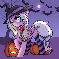 Size: 2048x2048 | Tagged: safe, artist:cloud-fly, oc, oc only, oc:bay breeze, pegasus, pony, bow, candy, chest fluff, clothes, cute, female, food, hair bow, halloween, hat, high res, holiday, lollipop, looking at you, mare, missing cutie mark, mouth hold, pumpkin, socks, striped socks, tail bow, witch hat