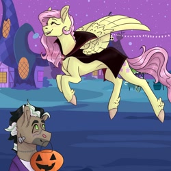 Size: 1280x1280 | Tagged: safe, artist:periwinklechick, doctor caballeron, fluttershy, earth pony, pegasus, pony, vampire, g4, caballershy, candy pail, cape, clothes, costume, female, frankenstein's monster, male, mare, mouth hold, night, nightmare night, nightmare night costume, ponyville, pumpkin bucket, shipping, stallion, straight