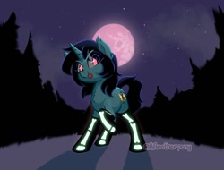 Size: 1200x912 | Tagged: safe, artist:aanotherpony, oc, oc only, pony, unicorn, chest fluff, clothes, eye clipping through hair, eyebrows, eyebrows visible through hair, female, forest, mare, moon, night, raised hoof, slit pupils, smiling, smiling at you, socks, stars, tongue out