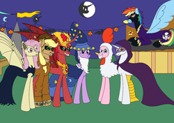 Size: 1600x1124 | Tagged: safe, artist:aeon-silence, artist:icicle-niceicle-1517, color edit, edit, idw, applejack, fluttershy, pinkie pie, rainbow dash, rarity, sunset shimmer, twilight sparkle, alicorn, bat pony, demon, demon pony, earth pony, original species, pegasus, pony, unicorn, g4, animal costume, bat ponified, black sclera, cape, chicken pie, chicken suit, clothes, cloud, colored, colored sclera, costume, cowboy hat, doctor doomity, dress, female, flutterbat, flutterbat costume, goggles, grin, halloween, hat, holiday, house, mane six, mare, mare in the moon, mask, moon, night, nightmare night, nightmare night costume, race swap, scarecrow, shadowbolt dash, shadowbolts, shadowbolts costume, shirt, smiling, star swirl the bearded costume, sunset satan, twilight sparkle (alicorn), wizard hat