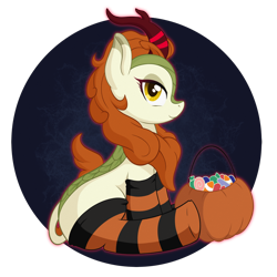 Size: 1024x1024 | Tagged: safe, artist:ravenirik, autumn blaze, kirin, g4, awwtumn blaze, candy, clothes, cute, food, halloween, holiday, pumpkin, pumpkin bucket, simple background, socks, solo, striped socks, transparent background