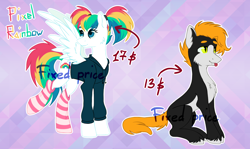 Size: 2972x1768 | Tagged: safe, artist:lambydwight, oc, oc only, cat, cat pony, original species, pegasus, pony, adoptable, chest fluff, clothes, duo, socks, striped socks, tongue out