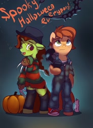 Size: 1095x1500 | Tagged: safe, artist:drafthoof, oc, oc only, oc:oil drop, oc:rusty gears, alien, semi-anthro, arm hooves, clothes, cosplay, costume, duo, halloween, holiday, missing shoes, overalls, sweater