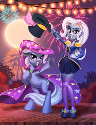 Size: 1762x2300 | Tagged: safe, artist:harwick, trixie, human, pony, unicorn, equestria girls, g4, bipedal, clothes, female, fireworks, full moon, hand on hip, hat, human ponidox, lights, looking at you, magician outfit, mare, moon, night, self ponidox, sky, smiling, stockings, thigh highs, top hat, zettai ryouiki