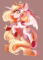 Size: 2894x4093 | Tagged: safe, artist:shore2020, daybreaker, princess celestia, alicorn, pony, armor, chibi, female, hoof shoes, jewelry, looking at you, open mouth, simple background, smiling at you, solo, spread wings, tiara, wing armor, wings