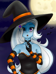 Size: 1500x2000 | Tagged: safe, artist:albertbm, trixie, bat, equestria girls, g4, blushing, clothes, costume, full moon, halloween, halloween costume, hat, holiday, looking at you, moon, one eye closed, silence, solo, witch, witch hat