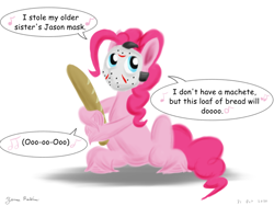 Size: 2400x1800 | Tagged: safe, artist:rockhoppr3, pinkie pie, earth pony, pony, g4, be more chill, bread, dialogue, food, friday the 13th, halloween, hockey mask, holiday, hoof hold, implied limestone pie, implied maud pie, jason voorhees, mask, singing, solo, song reference, unshorn fetlocks