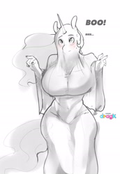 Size: 1539x2239 | Tagged: safe, artist:dragk, princess celestia, alicorn, ghost, undead, anthro, g4, bedsheet ghost, big breasts, breasts, busty princess celestia, clothes, costume, curvy, cute, halloween, halloween costume, holiday, horn, huge breasts, sheet, sillestia, silly, solo