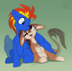 Size: 3500x3491 | Tagged: safe, artist:airfly-pony, oc, oc only, oc:case, oc:wing hurricane, pegasus, pony, cute, duo, female, high res, hug, looking up, male, not shipping, pegasus oc, stallion, unicorn (elepatrium), wings