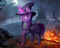 Size: 3103x2485 | Tagged: safe, artist:kelkessel, twilight sparkle, pony, g4, castle, clothes, costume, full moon, halloween, halloween costume, hat, high res, holiday, horn, magic, moon, night, solo