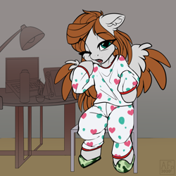 Size: 3364x3364 | Tagged: safe, artist:airfly-pony, oc, oc only, oc:scarlett drop, pegasus, pony, clothes, cute, eye clipping through hair, eyebrows, eyebrows visible through hair, female, high res, long hair, looking at you, mare, ocbetes, one eye closed, open mouth, pajamas, pegasus oc, sitting, slippers, solo, wings, yawn