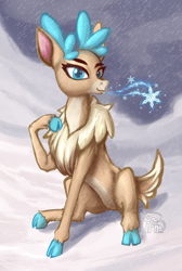 Size: 928x1384 | Tagged: safe, artist:calena, velvet (tfh), deer, them's fightin' herds, community related, cute, sitting, snow, solo, storm, velvebetes