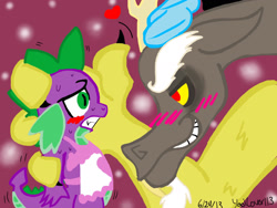 Size: 2048x1536 | Tagged: safe, artist:artmama113, discord, spike, draconequus, dragon, g4, apron, blushing, clothes, gay, grin, heart, looking at each other, male, naked apron, ship:dispike, shipping, signature, smiling, sweat