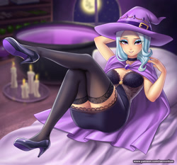 Size: 1300x1212 | Tagged: safe, artist:racoonsan, trixie, human, g4, absolute cleavage, anime, bed, bedroom eyes, breasts, busty trixie, candle, cape, choker, cleavage, clothes, cute, female, fire, full moon, hat, high heels, humanized, legs, looking at you, moon, night, sexy, shoes, socks, solo, thigh highs, window, witch, witch hat