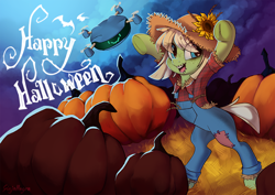 Size: 842x596 | Tagged: safe, artist:ginjallegra, oc, oc:arion, oc:milli, earth pony, pony, robot, clothes, drone, dungarees, earth pony oc, eponafest, female, flower, food, halloween, hat, holiday, mare, pumpkin, scarecrow, sunflower, wheat