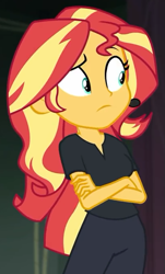 Size: 409x676 | Tagged: safe, screencap, sunset shimmer, all the world's off stage, equestria girls, equestria girls series, g4, all the world's off stage: micro chips, black pants, black shirt, clothes, confused, cropped, crossed arms, denim, director shimmer, earpiece, eyebrows, female, jeans, pants, raised eyebrow, shirt, solo, t-shirt
