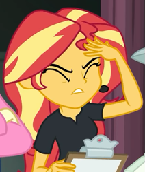 Size: 439x517 | Tagged: safe, screencap, sunset shimmer, all the world's off stage, equestria girls, equestria girls series, g4, clipboard, cropped, director shimmer, exasperated face, eyes closed, facepalm, female, solo focus