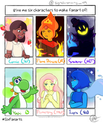 Size: 569x679 | Tagged: safe, artist:conniesuniverse, fluttershy, elemental, fire elemental, gem (race), human, yoshi, anthro, equestria girls, g4, a hat in time, adventure time, artificial wings, augmented, clothes, connie maheswaran, crossover, dark skin, female, fire princess, hydrokinesis, lapis lazuli (steven universe), magic, magic wings, male, six fanarts, snatcher, spoilers for another series, steven universe, steven universe: the movie, super mario bros., water, watery wings, wings