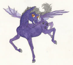 Size: 2006x1788 | Tagged: safe, artist:lady-limule, oc, oc only, oc:elusive, bat pony, pony, bat pony oc, bat wings, colored hooves, female, grin, mare, smiling, solo, story included, traditional art, wings