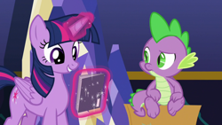 Size: 1920x1080 | Tagged: safe, screencap, spike, twilight sparkle, alicorn, dragon, pony, g4, the last problem, comic book, twilight sparkle (alicorn), twilight's castle, winged spike, wings