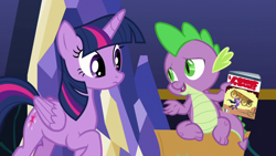 Size: 1920x1080 | Tagged: safe, screencap, spike, twilight sparkle, alicorn, dragon, pony, g4, the last problem, comic book, twilight sparkle (alicorn), twilight's castle, winged spike, wings