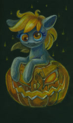 Size: 500x845 | Tagged: safe, artist:maytee, derpy hooves, pegasus, pony, g4, colored pencil drawing, halloween, holiday, jack-o-lantern, nightmare night, pumpkin, solo, traditional art