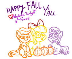 Size: 2022x1672 | Tagged: safe, artist:adorkabletwilightandfriends, apple bloom, scootaloo, sweetie belle, earth pony, pegasus, pony, unicorn, g4, adorkable, adorkable friends, autumn, bow, cute, cutie mark crusaders, dork, female, filly, halloween, happy, holiday, message, pumpkin, simple background, sitting, smiling, white background